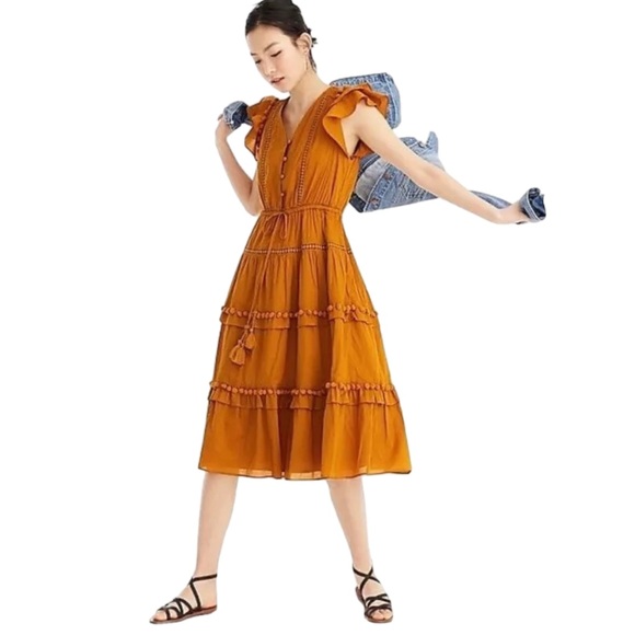 Point Sur for Jcrew Pom-Pom Flutter Sleeve Cotton Midi Dress in Caramel Womans 4 - Picture 3 of 7